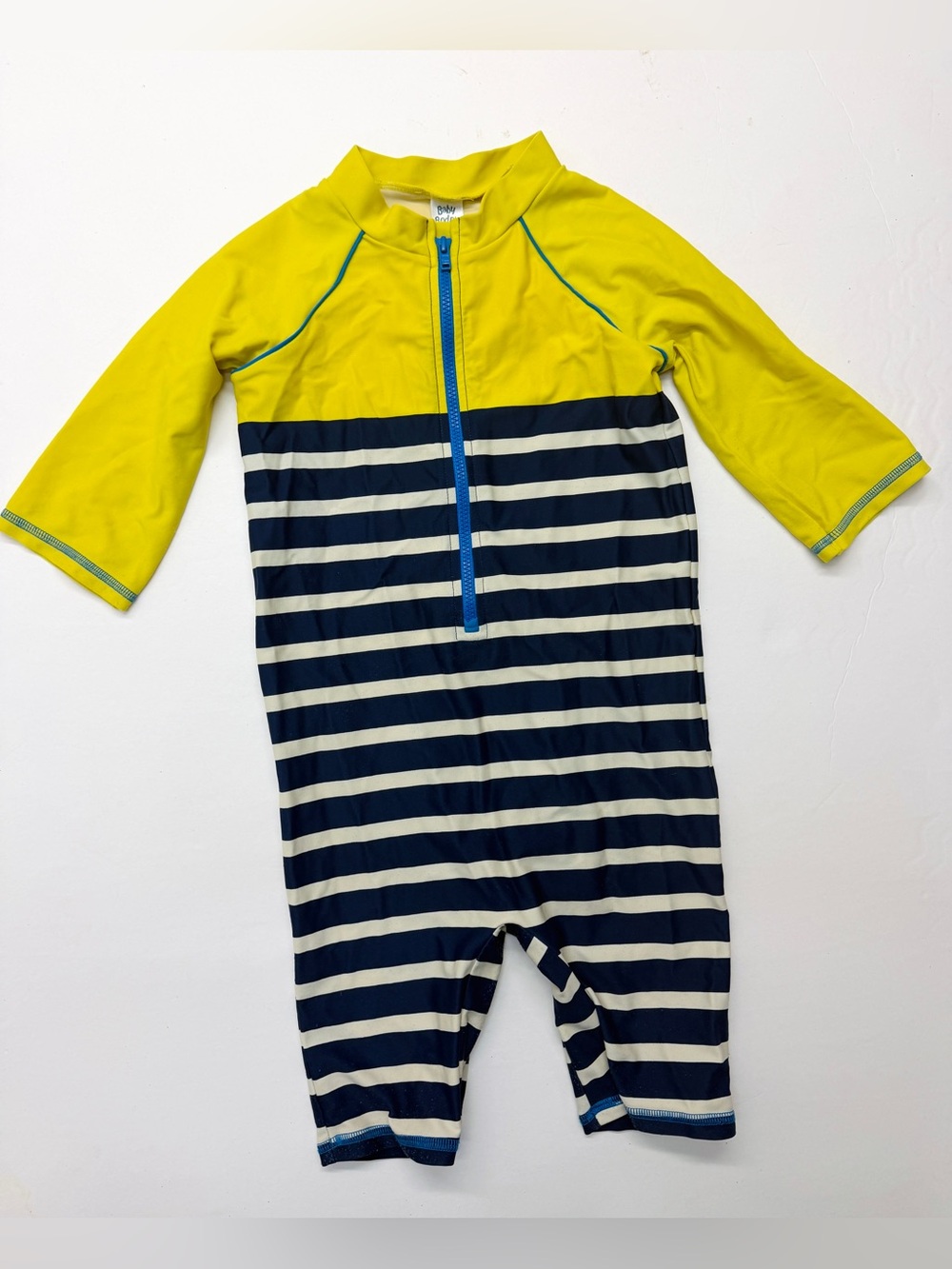 Baby Mini Boden Yellow & Navy Blue Striped One-Piece Rash Guard Swimsuit